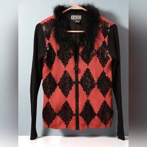 Berek 2 Red Black Fur Collar Sequin Diamond Zip Cardigan Sweater Small Steampunk